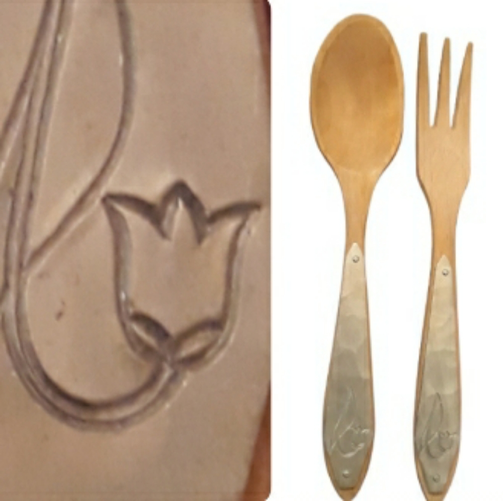 Vintage Hand Carved Wood Salad Serving Fork And Spoon Floral Aluminum Trim